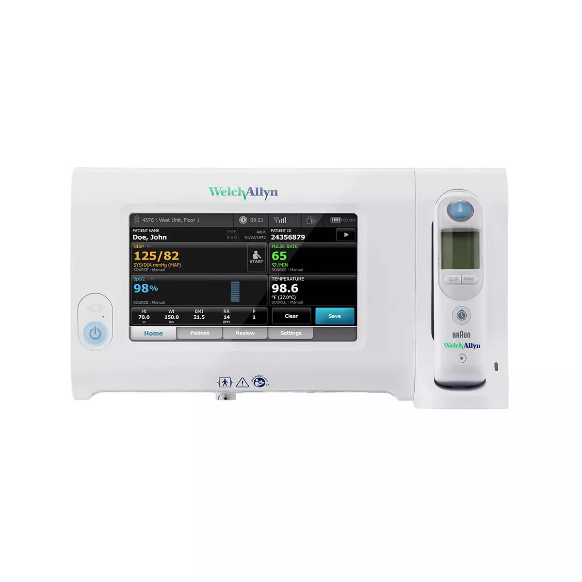 Welch Allyn Connex 7300 Bluetooth Connectivity Spot Monitor with Nonin SpO2 and Braun Pro6000