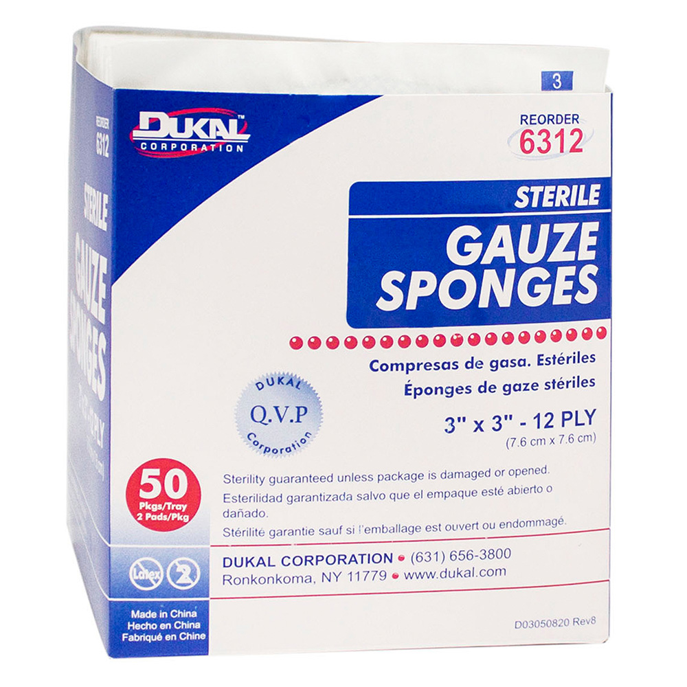 Dukal 3 x 3 inch 12-Ply Sterile Gauze Sponges, 2400/Pack