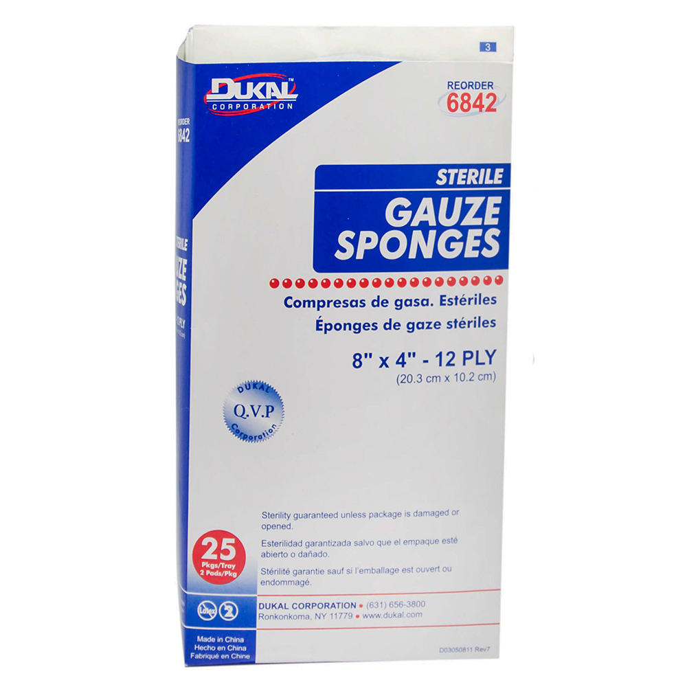 Dukal 8 x 4 inch 12-Ply Sterile Gauze Sponges, 1000/Pack