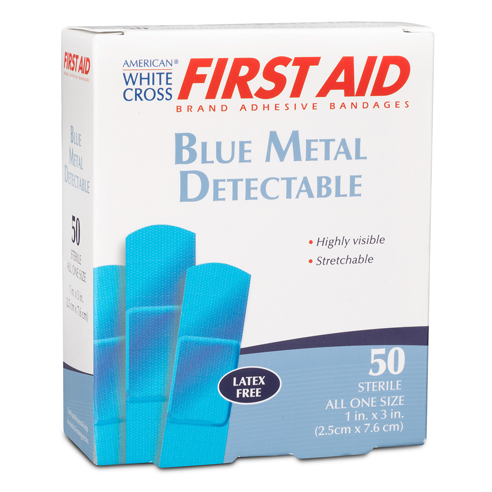 Dukal American White Cross 1 x 3 inch Metal Detectable Fabric Adhesive Bandages, Blue, 1200/Pack