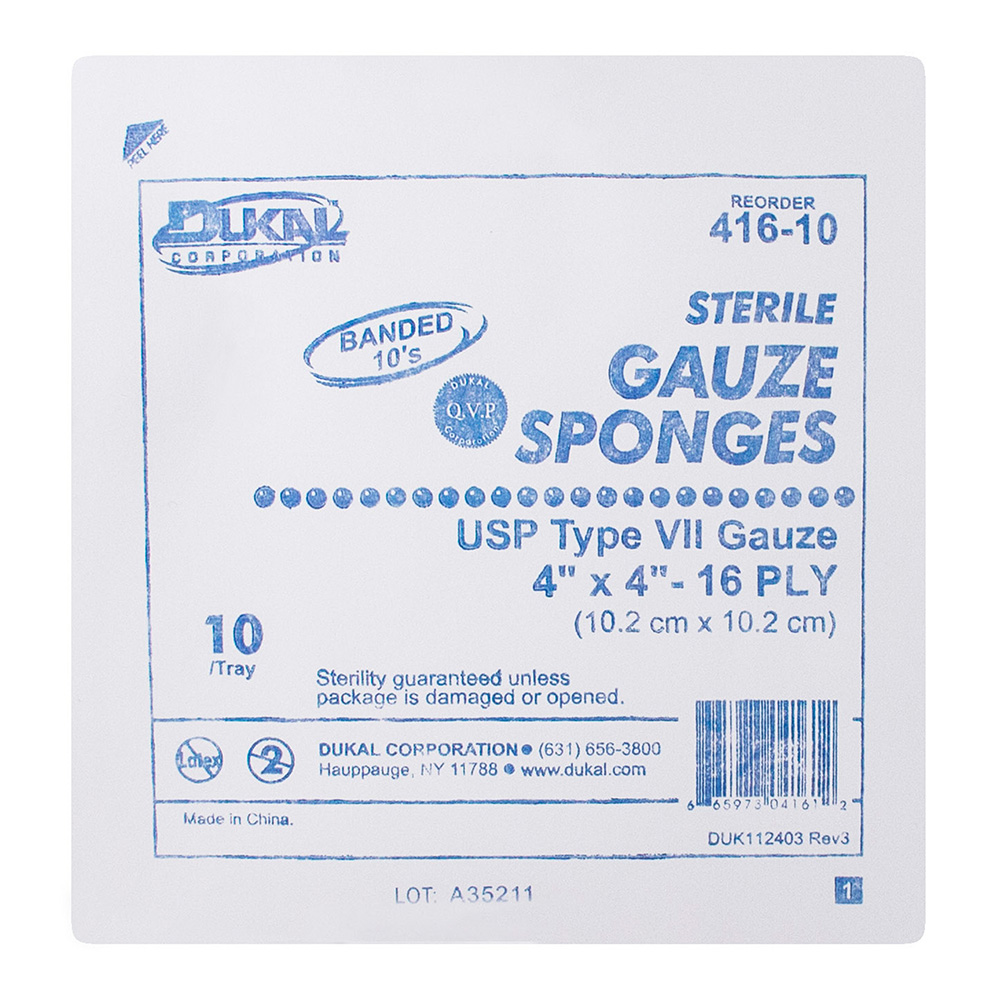 Dukal 4 x 4 inch 16-Ply Type VII Sterile Gauze Sponges, 1280/Pack