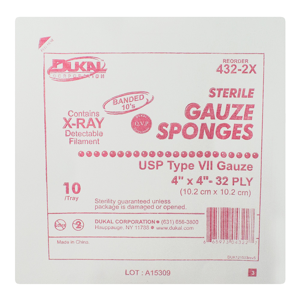 Dukal 4 x 4 inch 32-Ply X-Ray Detectable Type VII Sterile Gauze Sponges, 300/Pack