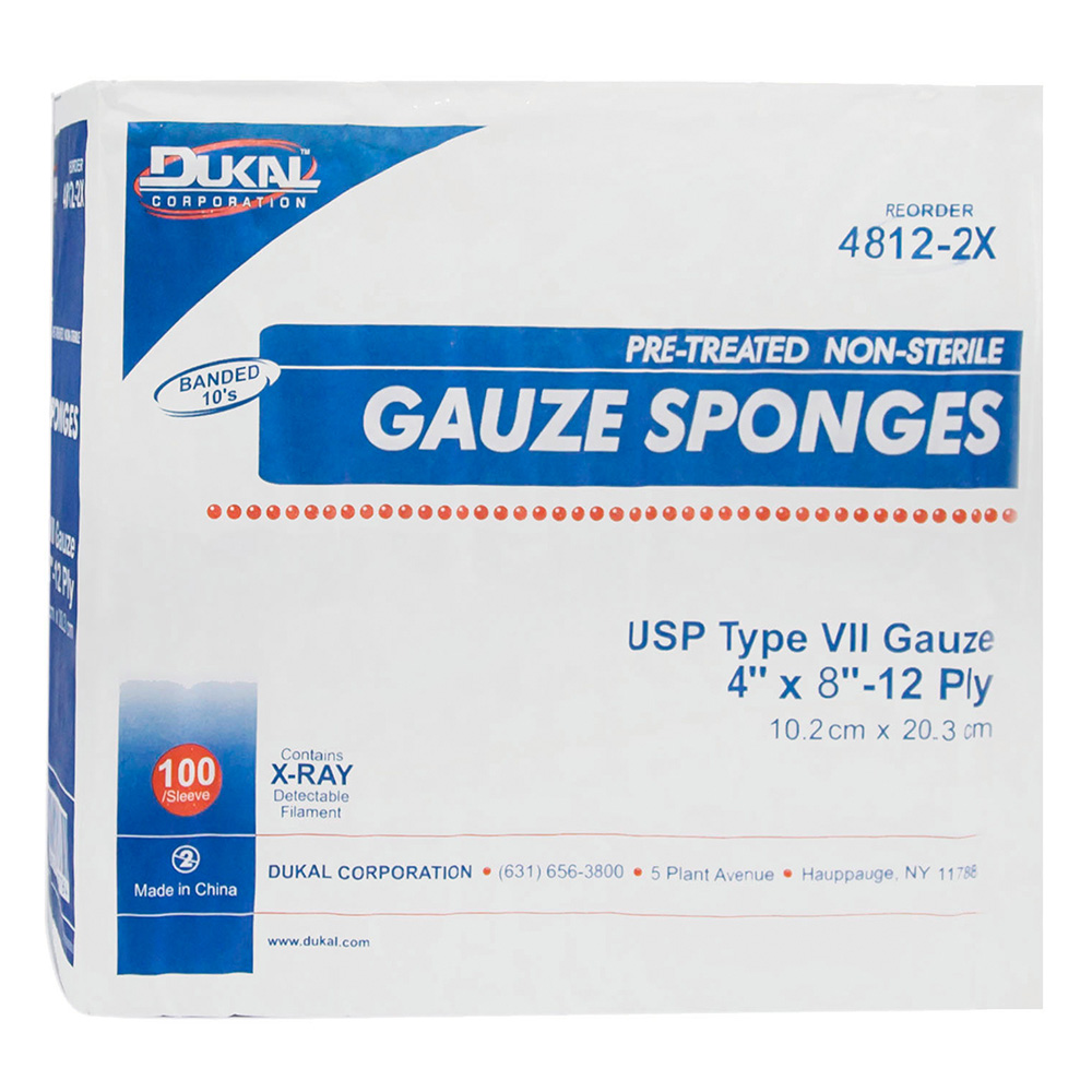Dukal 8 x 4 inch 12-Ply X-Ray Detectable Type VII Non-Sterile Gauze Sponges, 2000/Pack