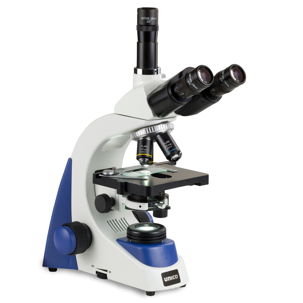 Unico Trinocular WF10X/18 High-Eyepoint Eyepiece 4X/10X/40X/100X(oil) Semi-Plan Objective Microscope