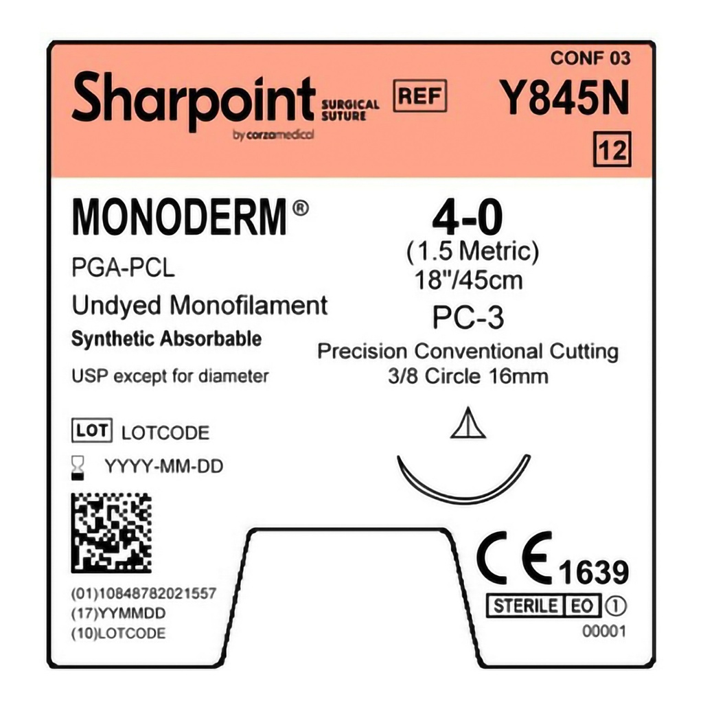 Surgical Specialties Sharpoint Plus Monoderm 4-0 16 mm Polyglycolic Acid Absorbable Suture with Needle and Undyed, 12 per Box