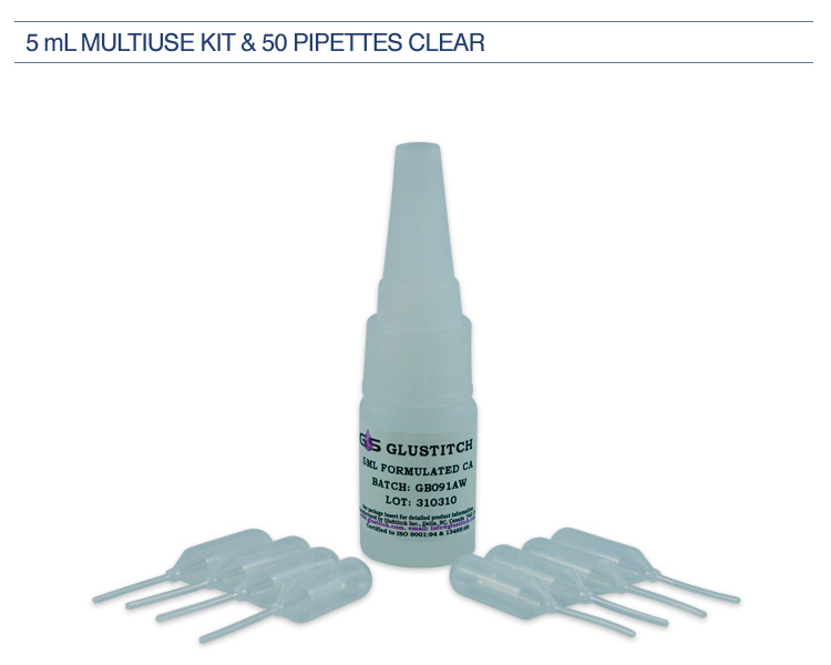 Glustitch Periacryl® Oral Adhesive, 5 mL Bottle w/ Autoclavable Tray and 50 Pipettes, Clear