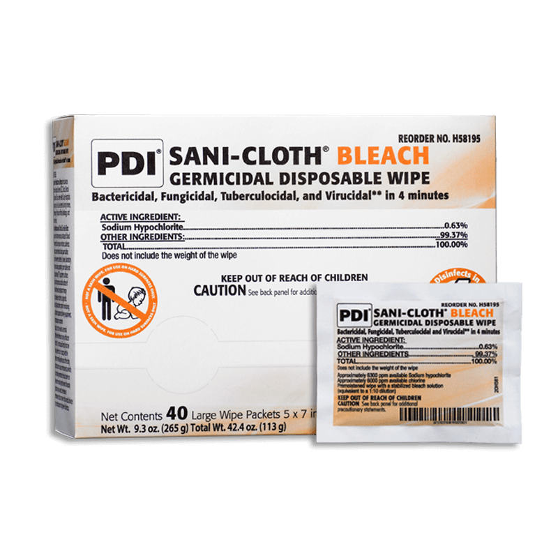 PDI Sani-Cloth® Bleach Germicidal Disposable Wipe, Large, 5" x 7", 40/pk