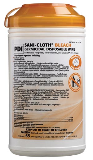 PDI Sani-Cloth® Bleach Germicidal Disposable Wipe, X-Large, 7½" x 15", 65 wipes/can