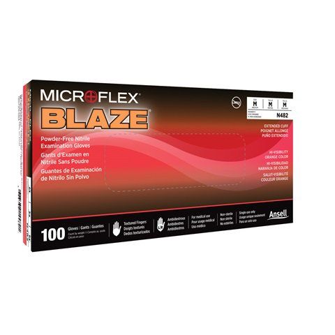 Microflex Blaze® Powder Free Exam Gloves, Orange, Extended Cuff, 2X-Large