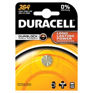 Duracell® Medical Electronic Battery, Silver Oxide, Size 364, 1.5V