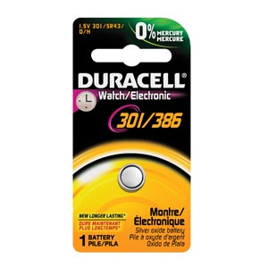 Duracell® Medical Electronic Battery, Silver Oxide, Size 301/386, 1.5V