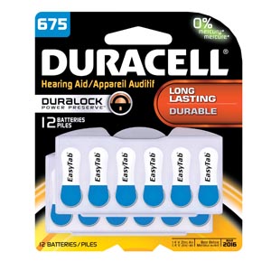 Duracell® Hearing Aid Battery, Zinc Air, Size 675, 12/pk