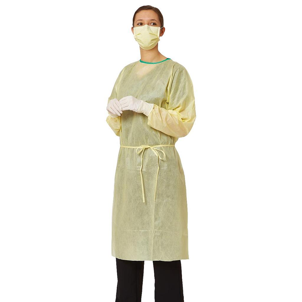 ADI Isolation Gown, Universal, AAMI 2, Over the Head, Thumbloop Cuffs, Yellow