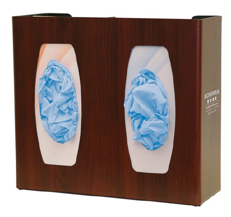 Bowman Glove Box Dispenser, Double with Dividers, Cherry Fauxwood ABS Plastic