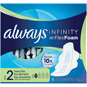 Always® Infinity Pads, Super, Unscented, 16/bx