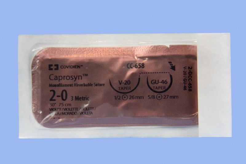 Medtronic Caprosyn 30 inch Size 2-0 GU-46 and V-20 Monofilament Absorbable Suture, Violet, 36/Box