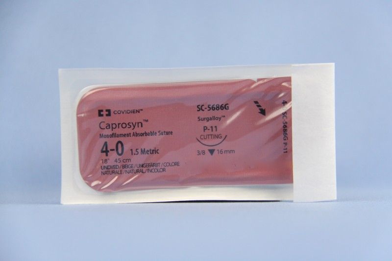 Medtronic Caprosyn 18 inch 3/8 Circle Size 4-0 P-11 Monofilament Absorbable Suture, 12/Box
