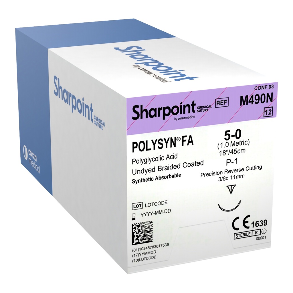 Surgical Specialties Sharpoint Plus 5-0 18 inch PolySyn FA/Polyglycolic Acid Absorbable Suture with Needle and Undyed, 12 per Box