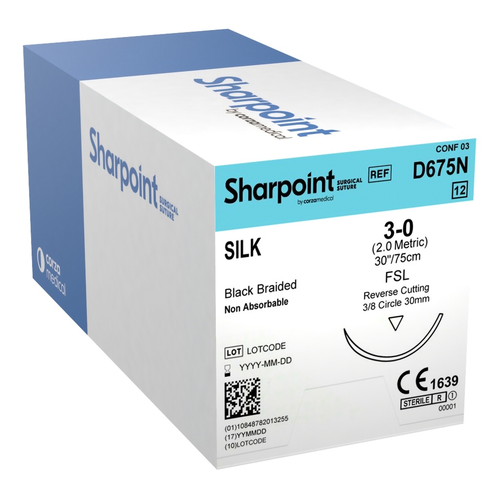 Surgical Specialties Sharpoint Plus 3-0 30 mm Silk Nonabsorbable Suture with Needle and Black, 12 per Box