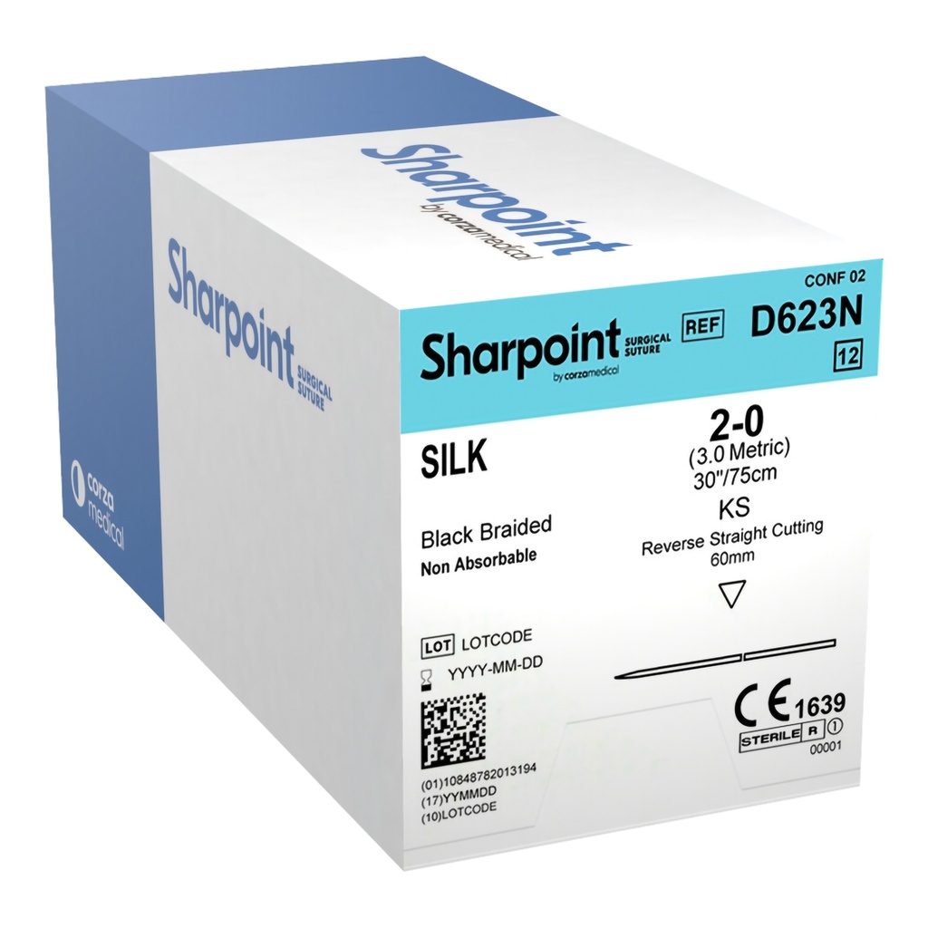 Surgical Specialties Sharpoint Plus 2-0 60 mm Silk Non Absorbable Suture with Needle and Black, 12 per Box