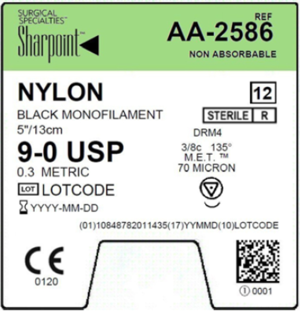 Surgical Specialties Sharpoint 9-0 4 mm Nylon Non Absorbable Suture with Needle and Black, 12 per Box