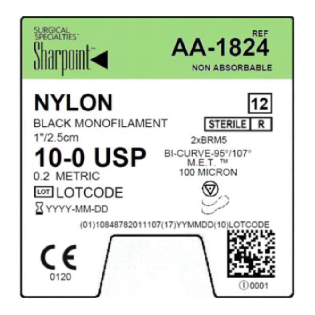 Surgical Specialties Sharpoint 10-0 1 inch Nylon Non Absorbable Suture with Needle and Black, 12 per Box