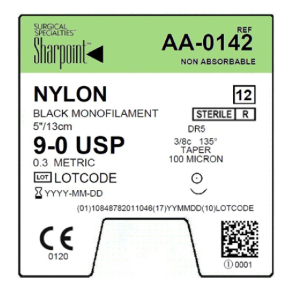 Surgical Specialties Sharpoint 9-0 5 inch Nylon Non Absorbable Suture with Needle and Black, 12 per Box