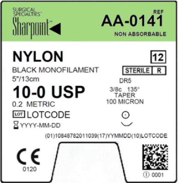 Surgical Specialties Sharpoint 3/8 Circle Nylon Non Absorbable Suture with Needle and Black, 12 per Box