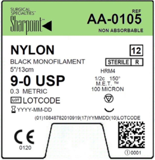 Surgical Specialties Sharpoint 1/2 Circle Nylon Non Absorbable Suture with Needle and Black, 12 per Box