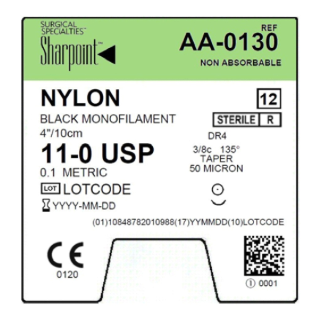 Surgical Specialties Sharpoint 11-0 4 mm Nylon Non Absorbable Suture with Needle and Black, 12 per Box