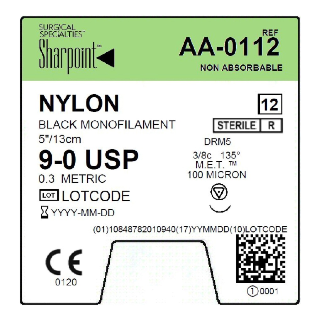 Surgical Specialties Sharpoint 9-0 100 microns Nylon Non Absorbable Suture with Needle and Black, 12 per Box