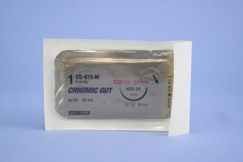 Medtronic Chromic Gut 5 inch x 18 inch 1/2 Circle Size 1 HGS-20 Sterile Absorbable Suture, 24/Box