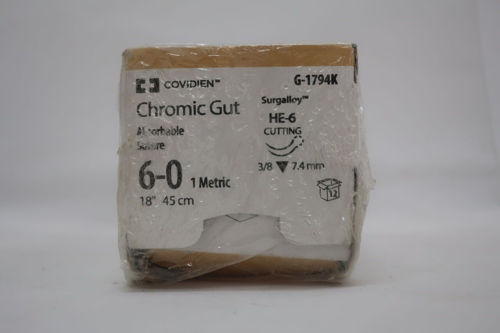 Medtronic Chromic Gut 18 inch 3/8 Circle Size 6-0 HE-6 Sterile Absorbable Suture, 12/Box