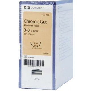 Medtronic Chromic Gut 30 inch 1/2 Circle Size 2-0 V-20 Sterile Absorbable Suture, 36/Box