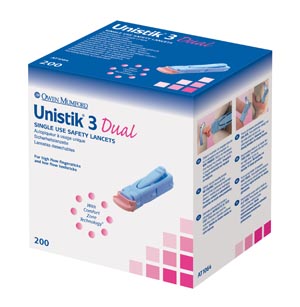 Owen Mumford Unistik® 3 Pre-Set Single Use Safety Lancet, Dual, 18G, 1.8mm Penetration Depth