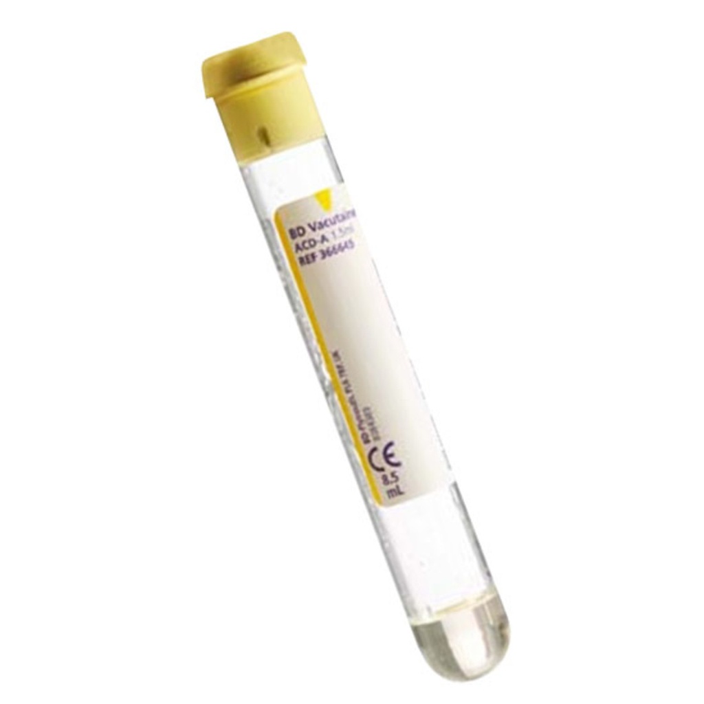 BD Vacutainer 16 mm x 100 mm ACD Glass Blood Collection Tubes w/ Conventional Stopper, Yellow, 100/Box