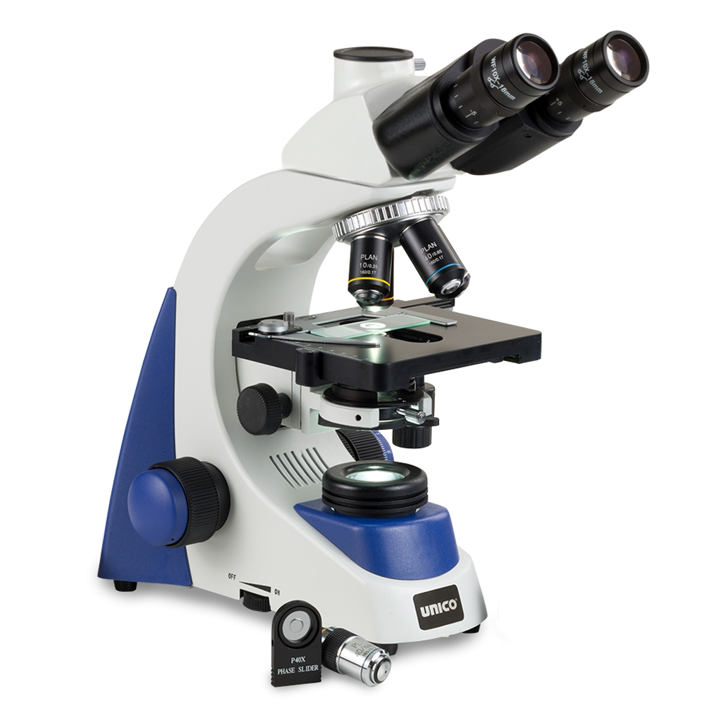 Unico Trinocular WF10X/18 Achromat 4, 10, 100X and 40X-SP-PH Microscope with 40X Phase Slider