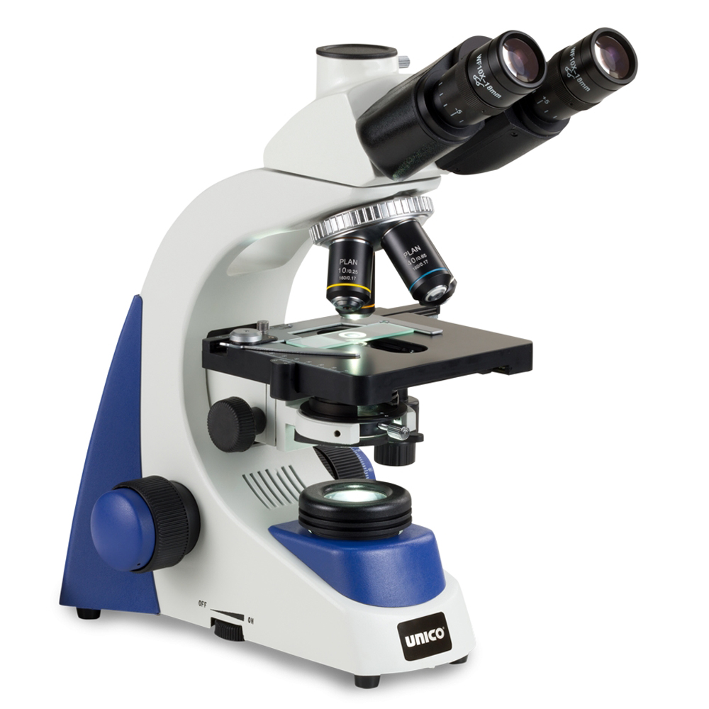Unico Trinocular WF10X/18 High-Eyepoint Eyepiece 4X/10X/40X/100X(oil) Plan Achromatic Objective Microscope