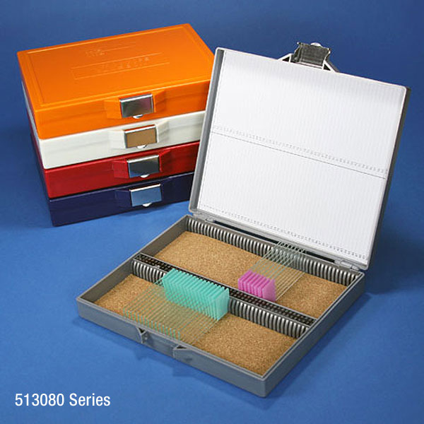 Globe Scientific 100-Place ABS Cork Lined Storage Box w/ SS Lock for 100 Slides, Assorted Colors, 5/Case
