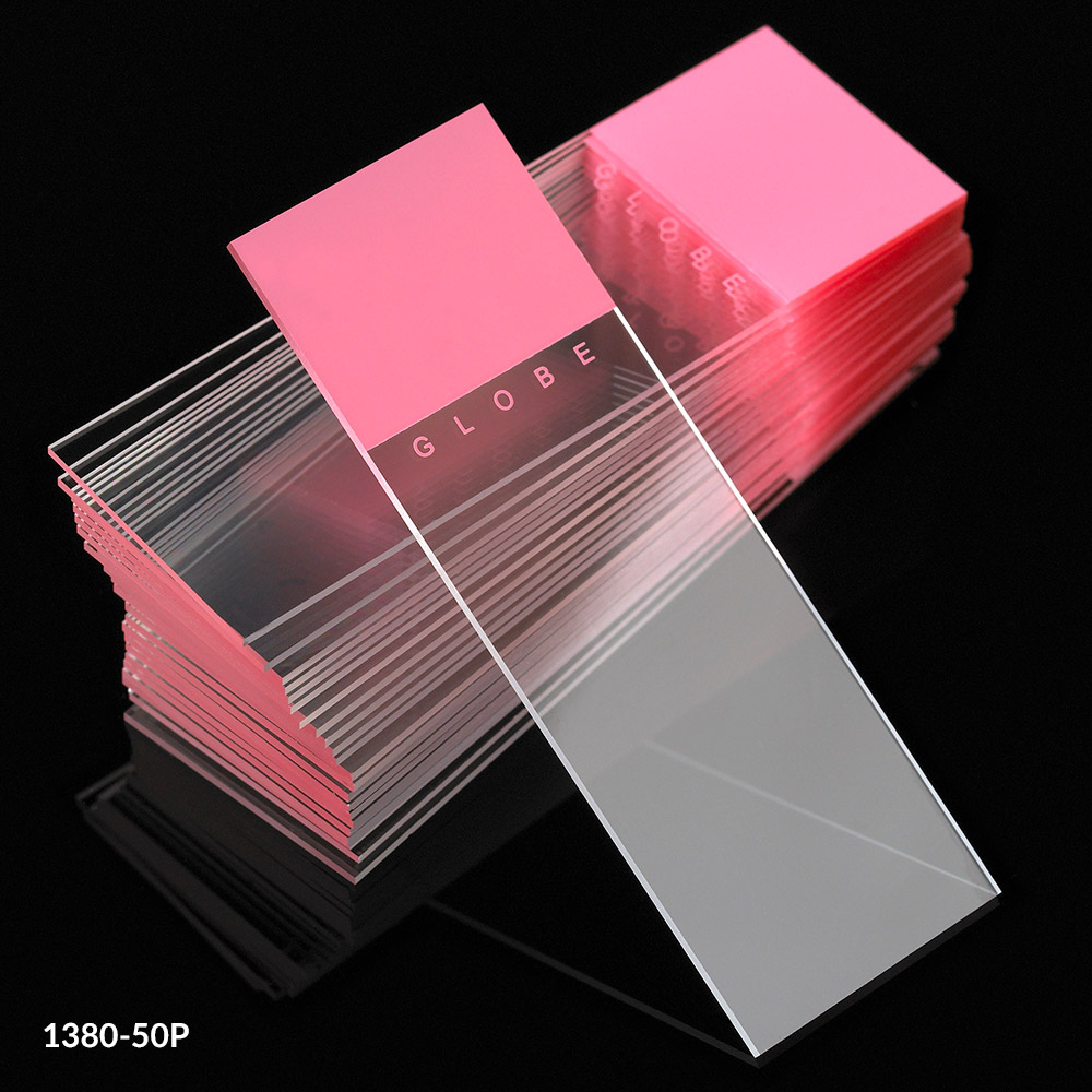 Globe Scientific Diamond 25 mm x 75 mm White Frosted Glass Microscope Slides w/ 90° Corners, Pink, 1440/Case