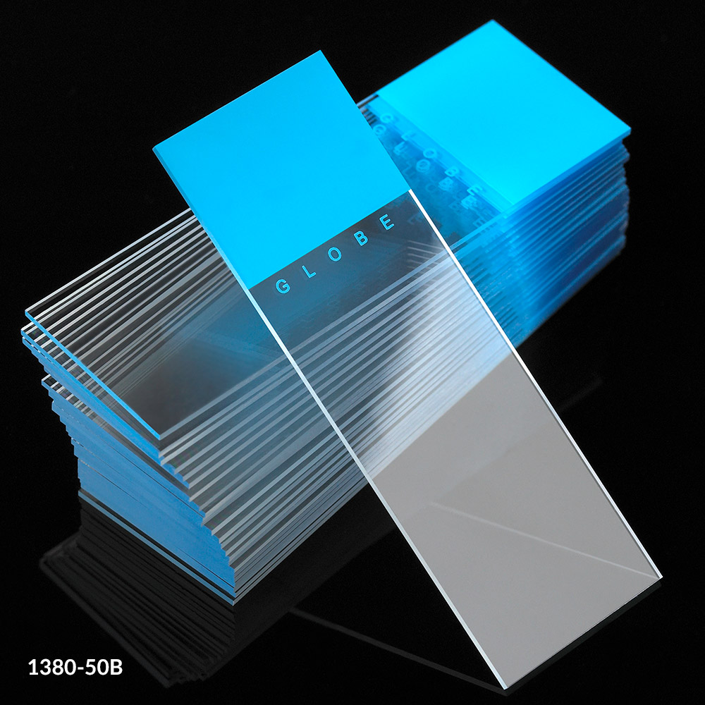 Globe Scientific Diamond 25 mm x 75 mm White Frosted Glass Microscope Slides w/ 90° Corners, Blue, 1440/Case