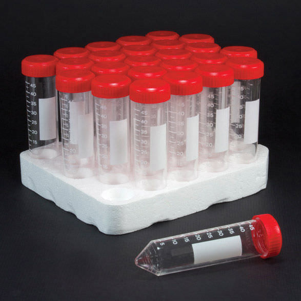 Globe Scientific 50 ml PP Sterile Racked Centrifuge Tube w/ Separate Red Screw Cap, 500/Case