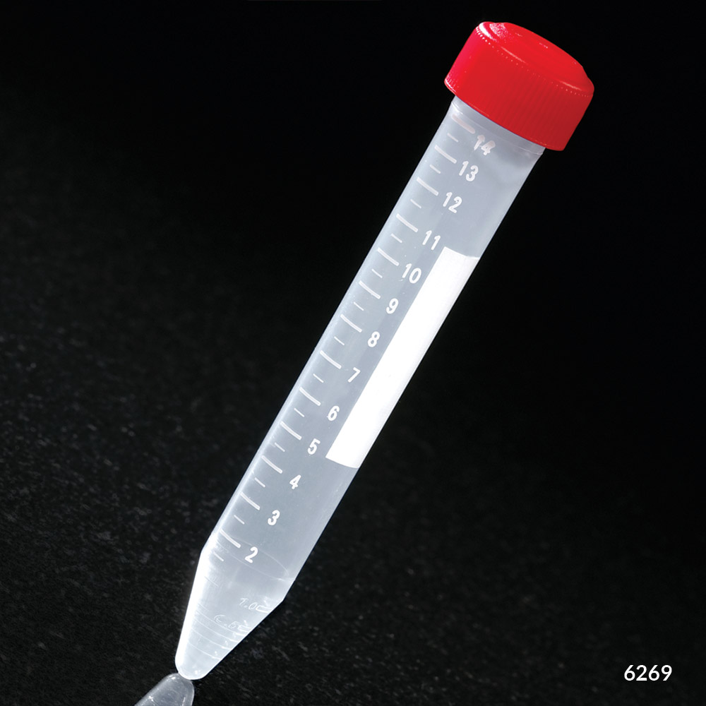 Globe Scientific 15 ml PP Sterile Centrifuge Tube w/ Attached Red Screw Cap, 500/Case