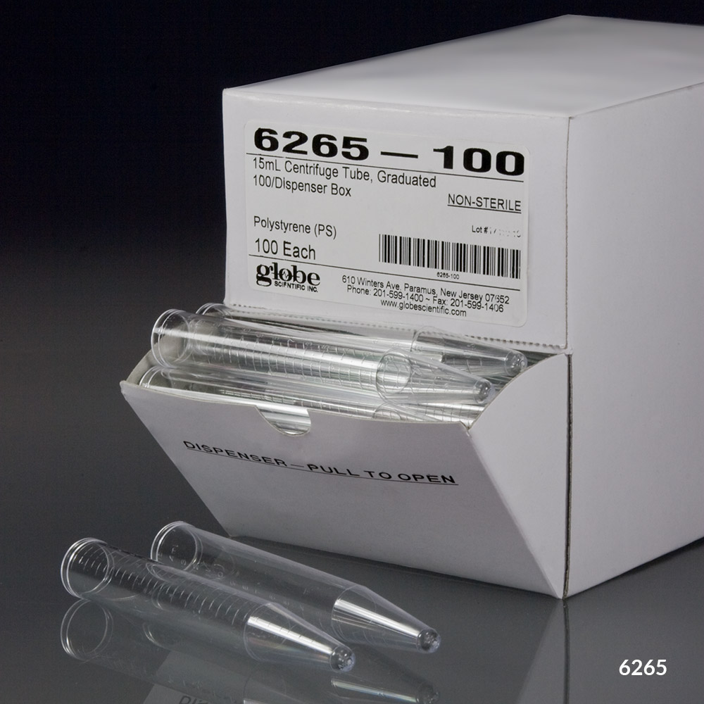 Globe Scientific 15 ml PS Conical Bottom Centrifuge Tube w/ Dispenser Box, 1000/Case