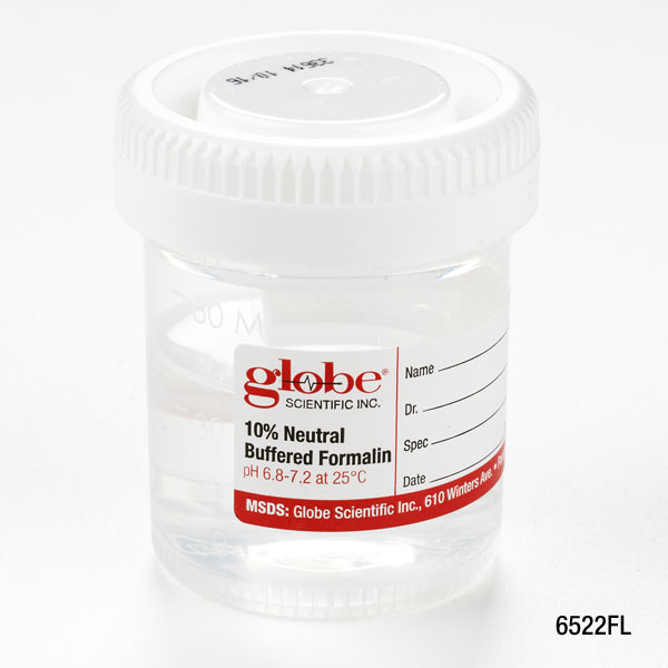 Globe Scientific 60 ml PP Click Close Containers w/ 10% Neutral Buffered Formalin, 96/Case