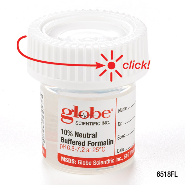 Globe Scientific 20 ml PP Click Close Containers w/ 10% Neutral Buffered Formalin, 96/Case