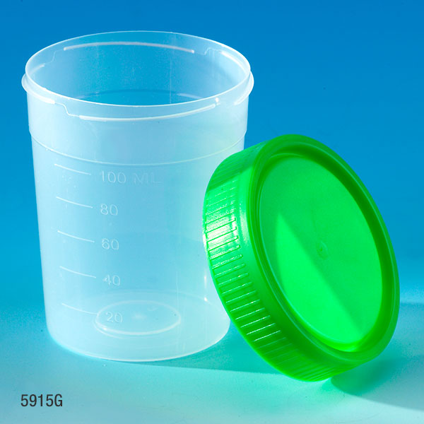 Globe Scientific 4 oz PP Non-Sterile Specimen Containers w/ 1/4-Turn Green Screwcap, 500/Case