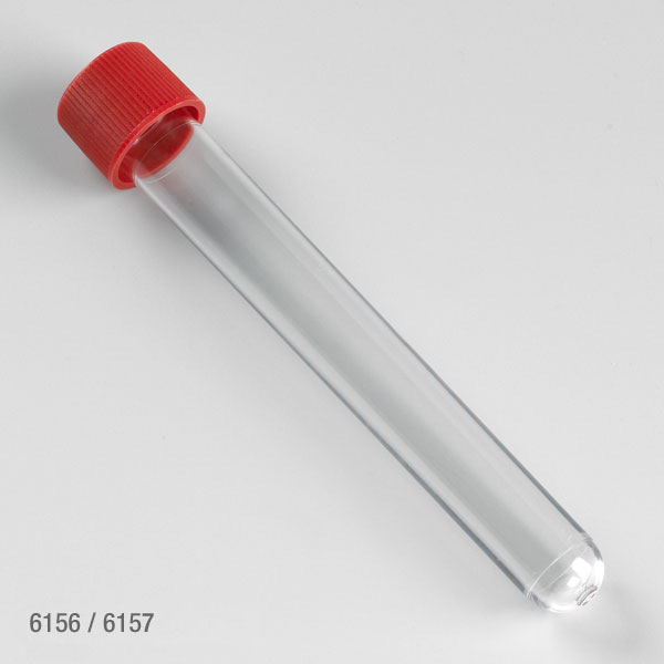 Globe Scientific 15 ml PS Sterile Test Tubes w/ Attached Red Screw Cap, 500/Case