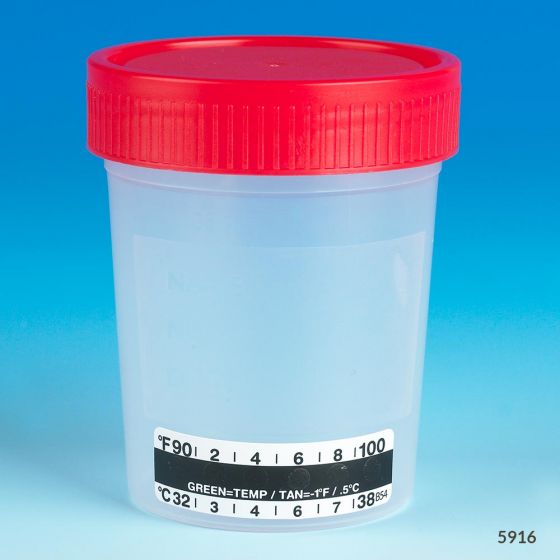 Globe Scientific 4 oz PP Urine Collection Containers w/ Attached Thermometer Strip & Red Screw Cap, 500/Case