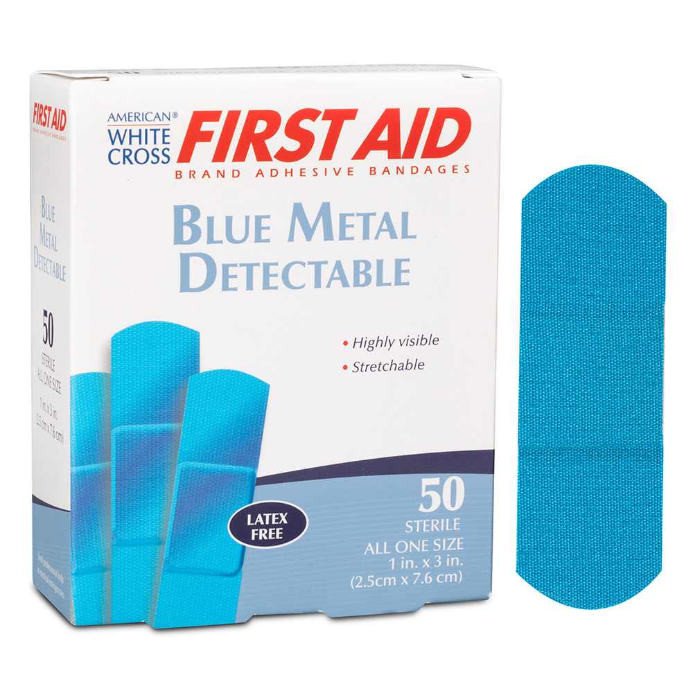 Dukal American White Cross 1 x 3 inch Metal Detectable Fabric Adhesive Bandages, Blue, 1200/Pack